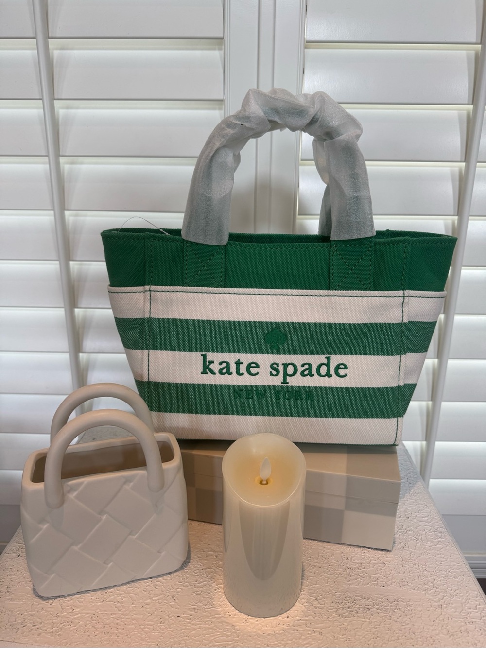 kate spade Beach Time Jett Green & White Striped Canvas Mini Tote